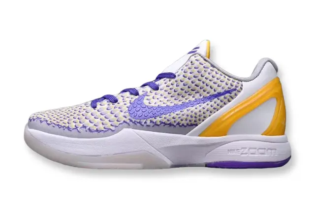 Purple and gold Kobe 6 sneakers with 3D Lakers logo design