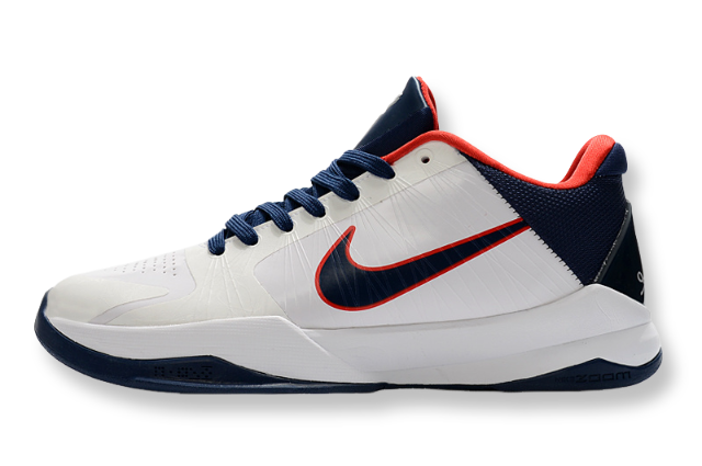 Nike Kobe 5 Protro USA edition basketball shoes in red, white, and blue colors
