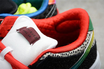 Nike SB Dunk Low What The Paul colorful patchwork upper with Nike Swoosh lateral view on white background