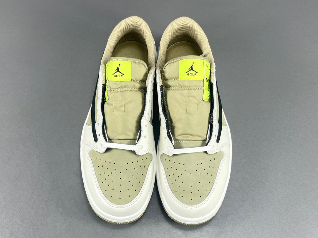 "Air Jordan 1 Low Golf x Travis Scott 'Neutral Olive' sneakers featuring olive nubuck base, off-white leather overlays, black reverse Swoosh, and Cactus Jack branding." citeturn0search0 