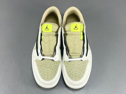 "Air Jordan 1 Low Golf x Travis Scott 'Neutral Olive' sneakers featuring olive nubuck base, off-white leather overlays, black reverse Swoosh, and Cactus Jack branding." citeturn0search0 