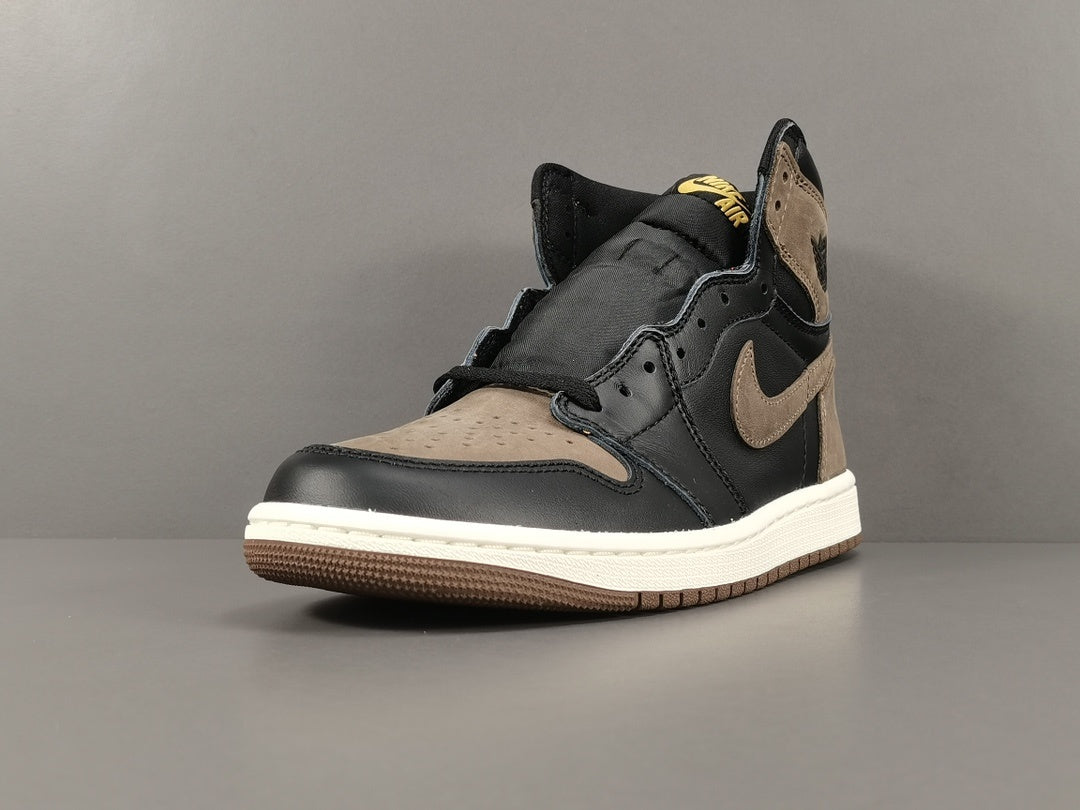 Jordan 1 Retro High Palomino sneakers with black leather and brown suede