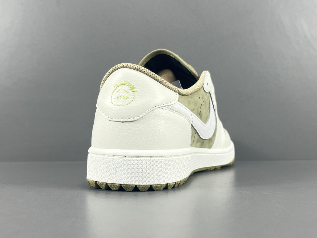 "Air Jordan 1 Low Golf x Travis Scott 'Neutral Olive' sneakers featuring olive nubuck base, off-white leather overlays, black reverse Swoosh, and Cactus Jack branding." citeturn0search0 