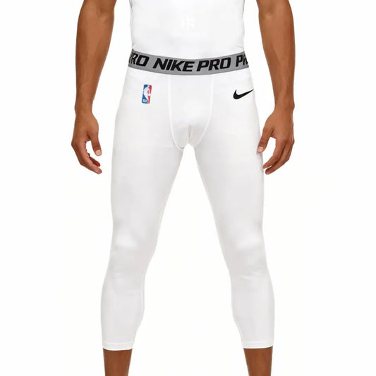 White Nike Pro leggings with a gray waistband on a white background