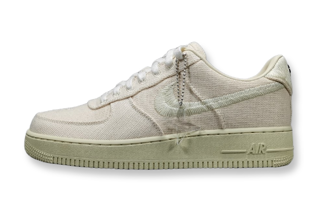 Nike Air Force 1 x Stüssy Fossil featuring textured hemp upper and minimalist branding