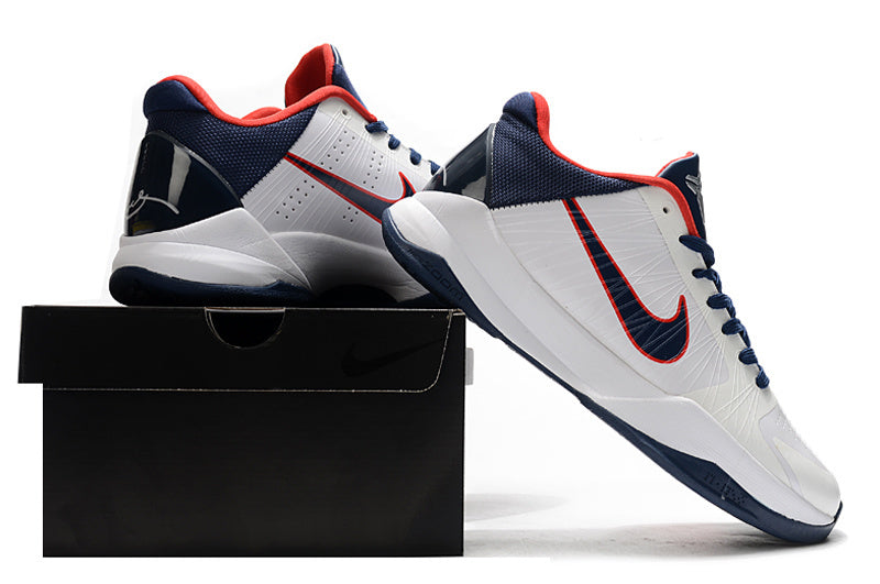 Nike Kobe 5 Protro USA edition basketball shoes in red, white, and blue colors
