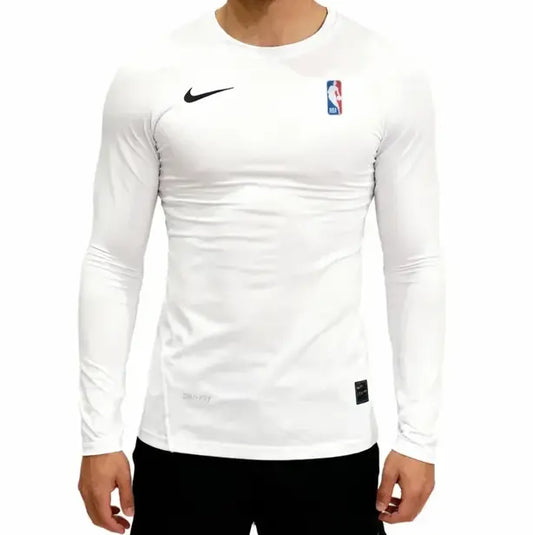White long-sleeve athletic shirt with Nike and NBA logos on a white background