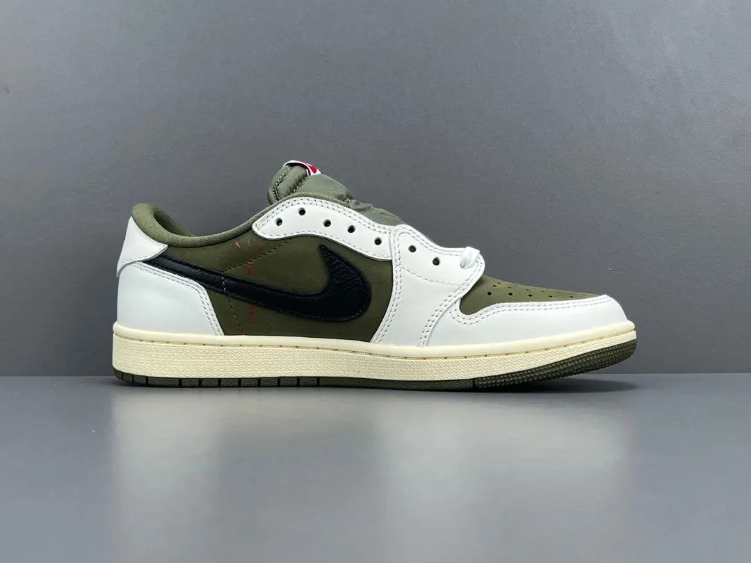 "Jordan 1 Low x Travis Scott Medium Olive sneakers with olive suede, black overlays, and reverse Swoosh."