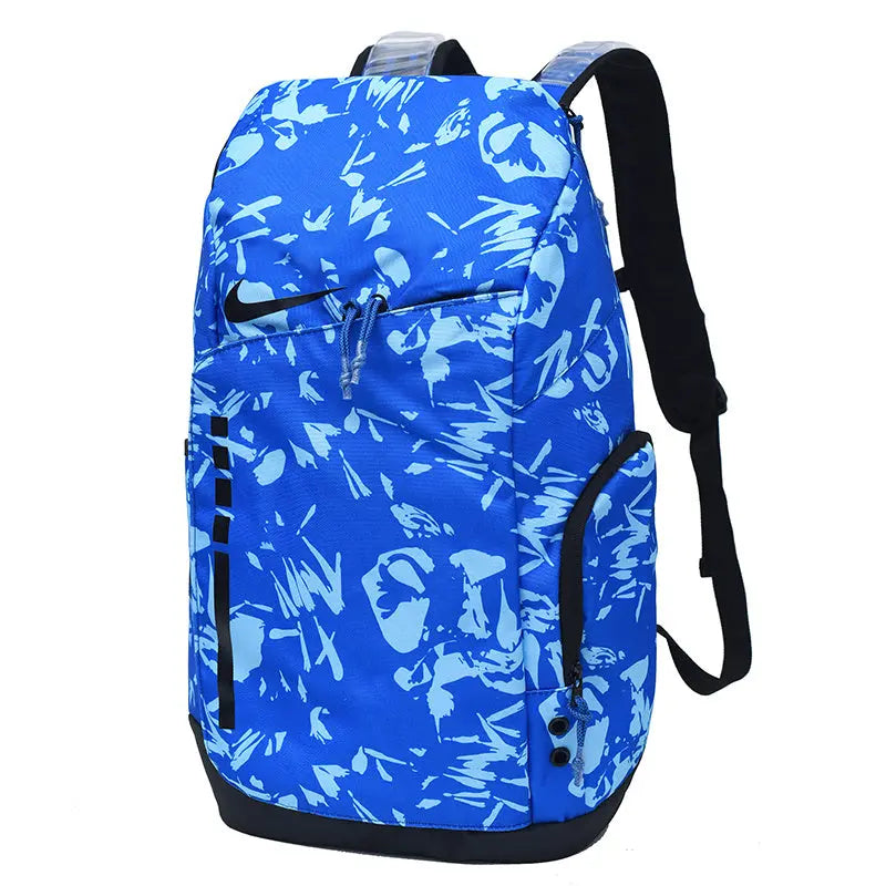 A blue and light blue abstract patterned backpack with black straps, base, and zipper trim, shown on a plain white background.
