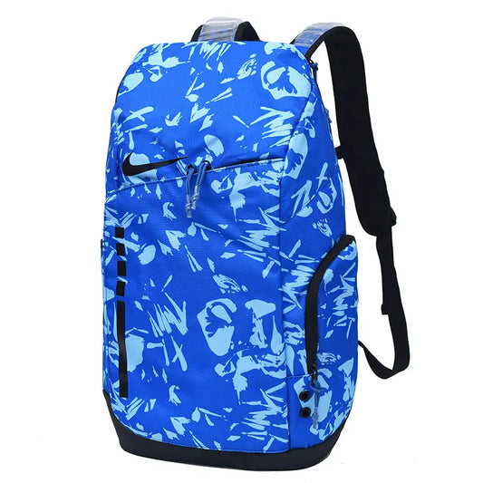A blue and light blue abstract patterned backpack with black straps, base, and zipper trim, shown on a plain white background.