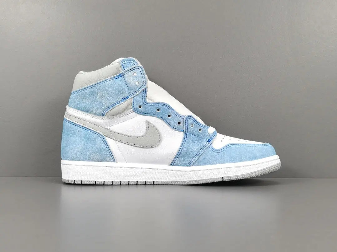 Air Jordan 1 High OG Hyper Royal side view blue suede grey Swoosh sneaker