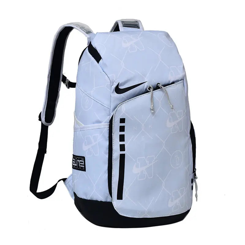 A light blue and black Nike backpack with a subtle basketball court pattern, shown on a solid white background.