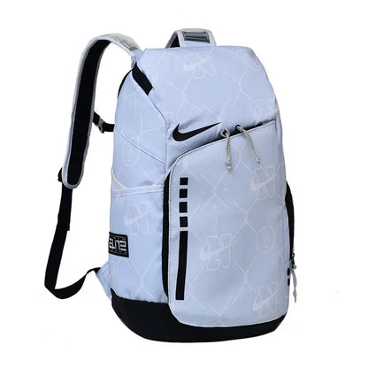 A light blue and black Nike backpack with a subtle basketball court pattern, shown on a solid white background.