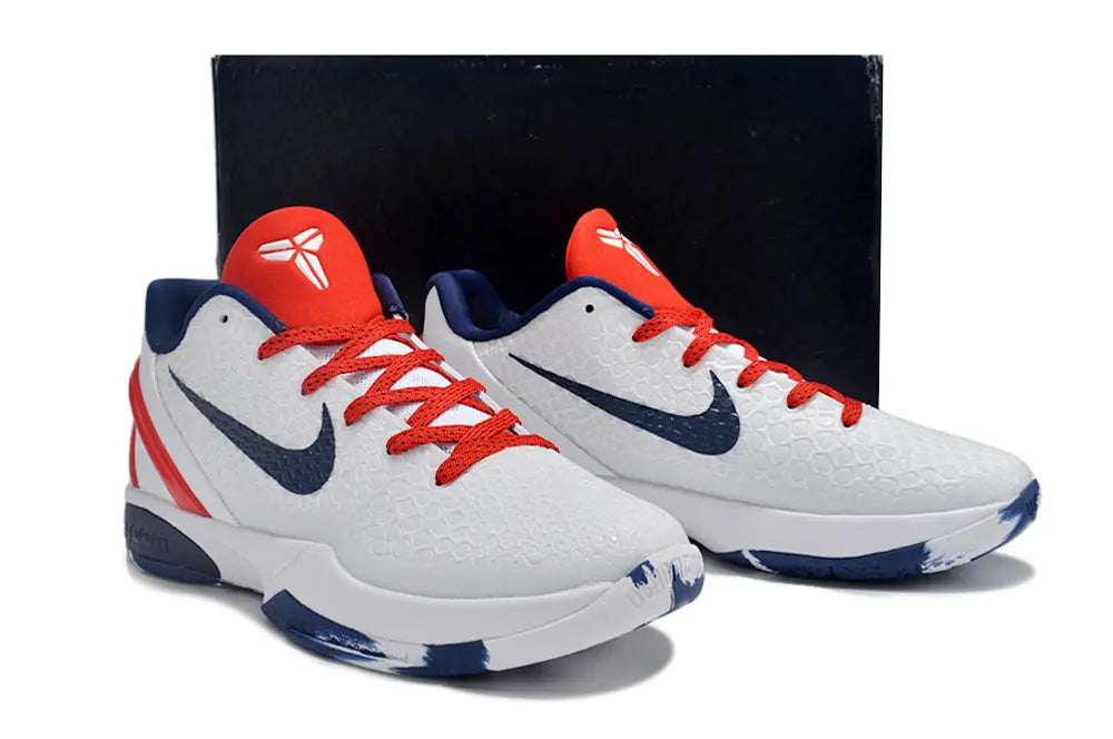 Nike Kobe 6 Protro Team USA PE basketball shoes in patriotic colors.
