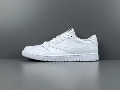 Air Jordan 1 Low Travis Scott White side view reverse Swoosh leather sneaker