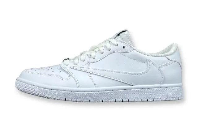 Air Jordan 1 Low Travis Scott White side view reverse Swoosh leather sneaker