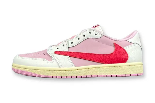 Jordan 1 Low Travis Scott Tropical Pink sneakers with reverse Swoosh
