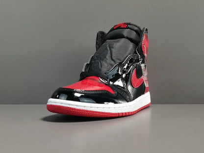 Jordan 1 Retro High Patent Bred black red patent leather sneaker
