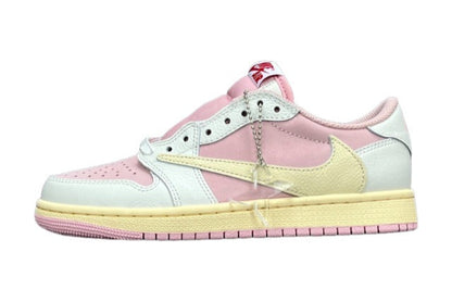 Jordan 1 Low x Travis Scott Shy Pink sneakers with reversed Swoosh design