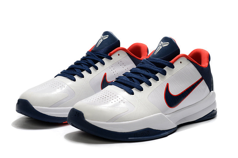 Nike Kobe 5 Protro USA edition basketball shoes in red, white, and blue colors
