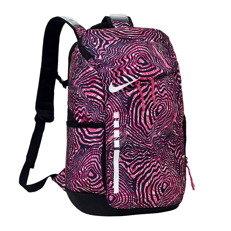 A Nike backpack featuring a vibrant pink and black wavy, psychedelic swirl pattern, with a white Nike swoosh logo on the front.