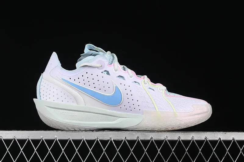 Nike Air Zoom GT Cut 3 White Aquarius Blue basketball shoes front view performance sneakers