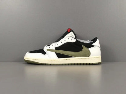 "Jordan 1 Low x Travis Scott Olive with olive suede, black leather overlays, reverse Swoosh, and Cactus Jack branding."
