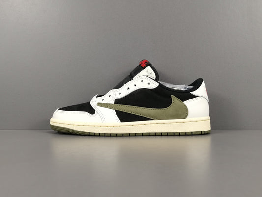 "Jordan 1 Low x Travis Scott Olive with olive suede, black leather overlays, reverse Swoosh, and Cactus Jack branding."