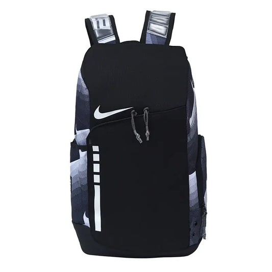 Black Nike backpack with a white logo on a white background