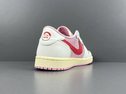 Jordan 1 Low Travis Scott Tropical Pink sneakers with reverse Swoosh
