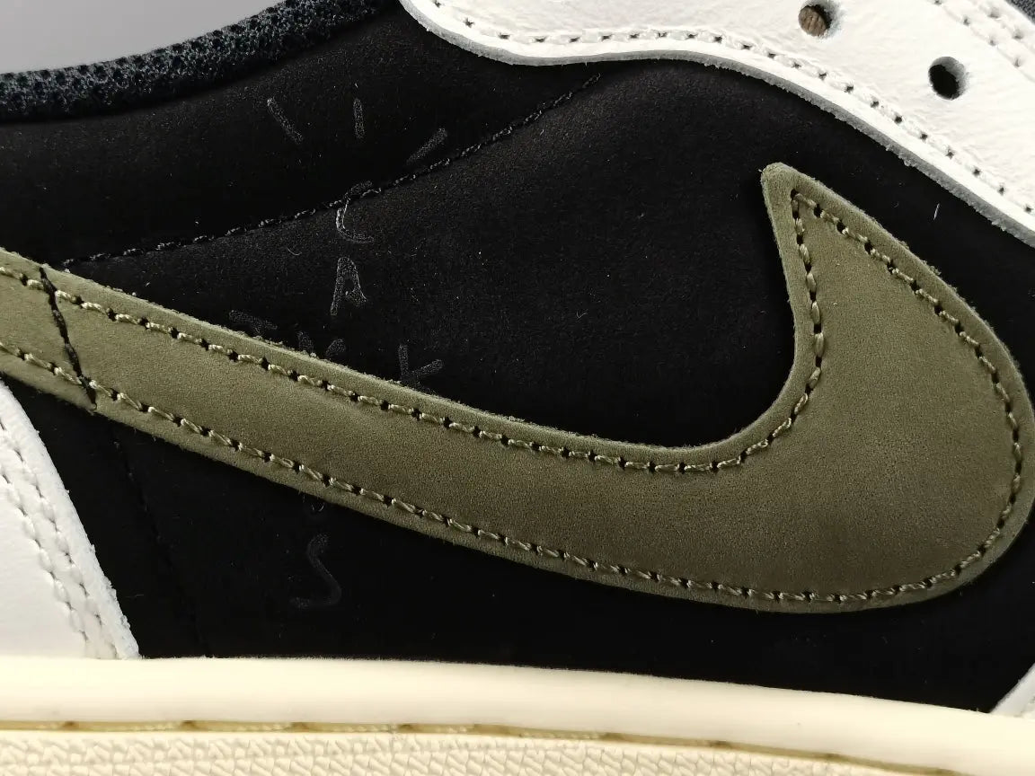 "Jordan 1 Low x Travis Scott Olive with olive suede, black leather overlays, reverse Swoosh, and Cactus Jack branding."