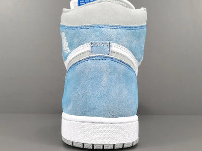 Air Jordan 1 High OG Hyper Royal side view blue suede grey Swoosh sneaker