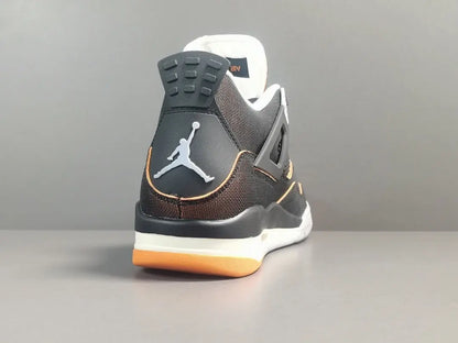 Gray and orange sneaker with a brand logo on a gray background