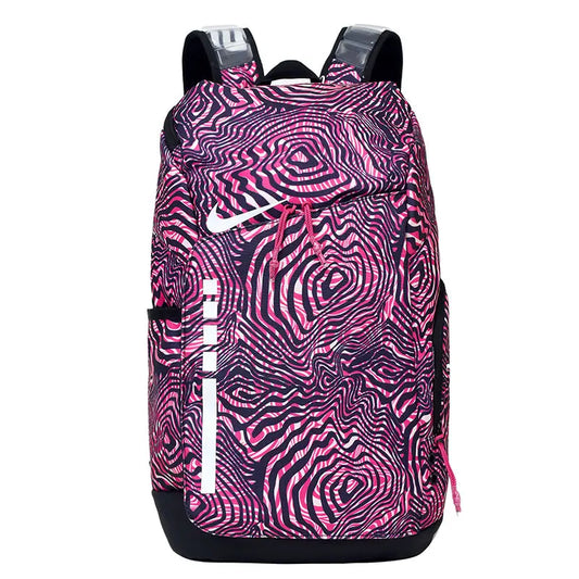 A Nike backpack featuring a vibrant pink and black wavy, zebra-like pattern, with a white Nike swoosh logo on the front.