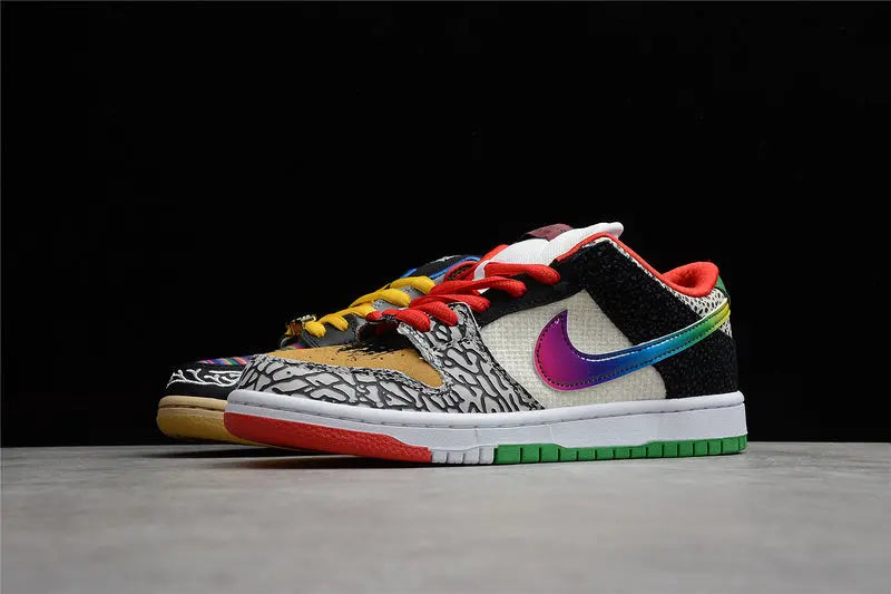 Nike SB Dunk Low What The Paul colorful patchwork upper with Nike Swoosh lateral view on white background