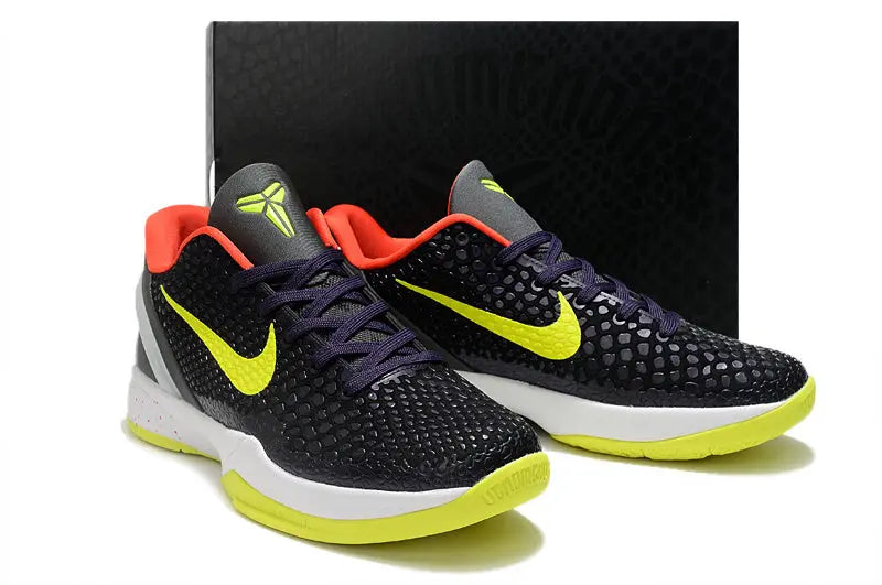 Nike Kobe 6 Supreme Chaos sneakers with bold yellow and purple low-top design.
