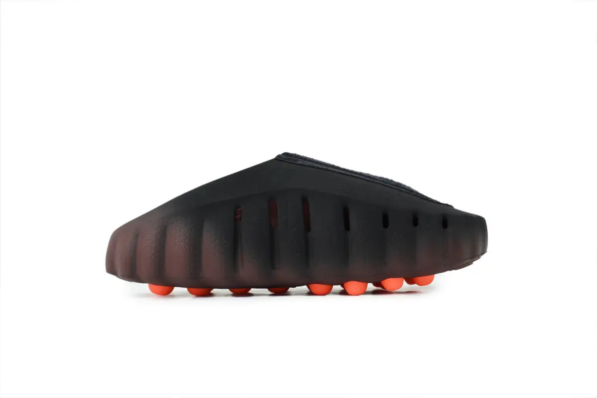 Nike Mind 001 FlyKnit Slide Bronze Eclipse Total Orange top view FlyKnit strap footbed layout