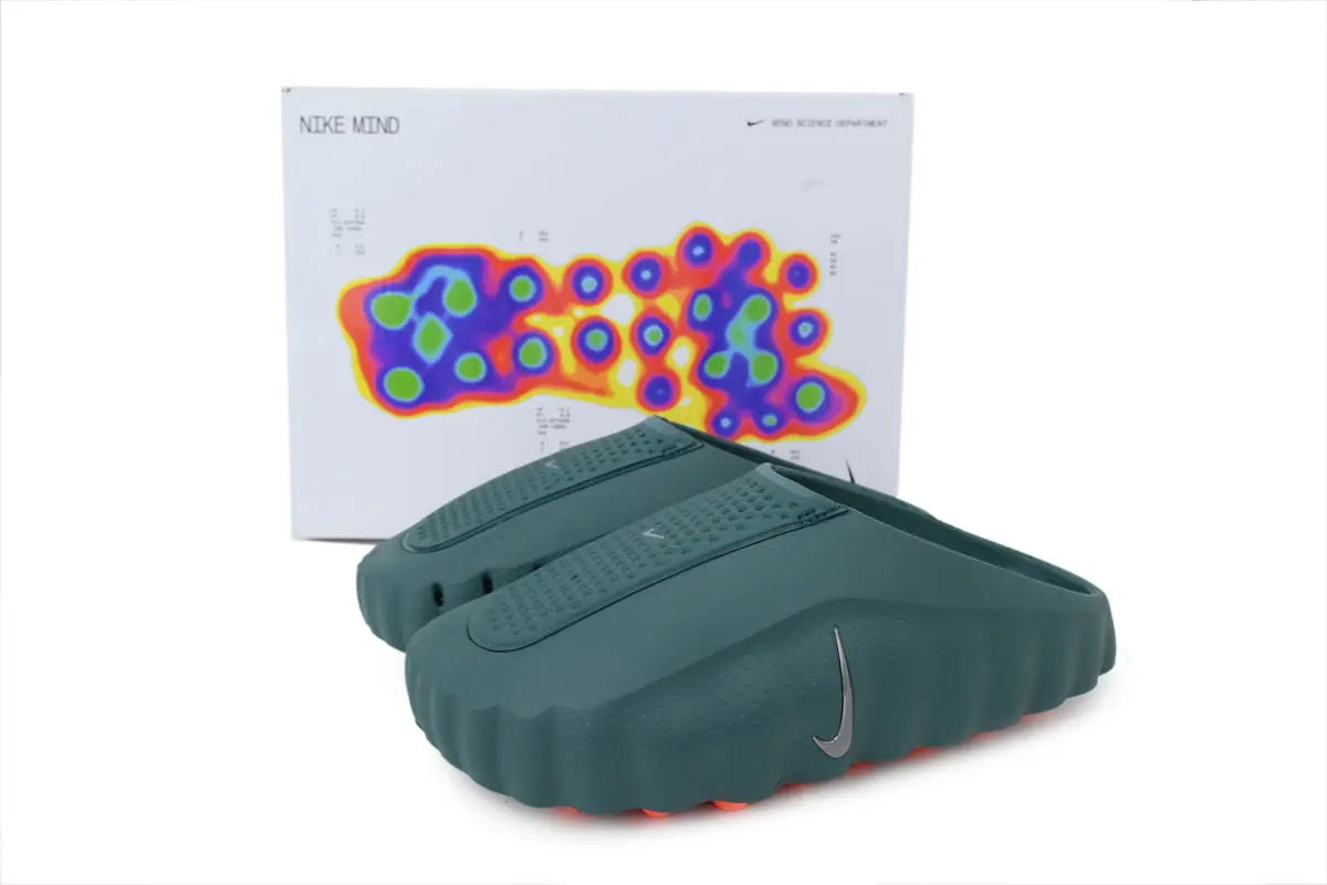 Pair of Nike Mind 001 Slide x Mineral Slate on white background, comfortable everyday recovery slides