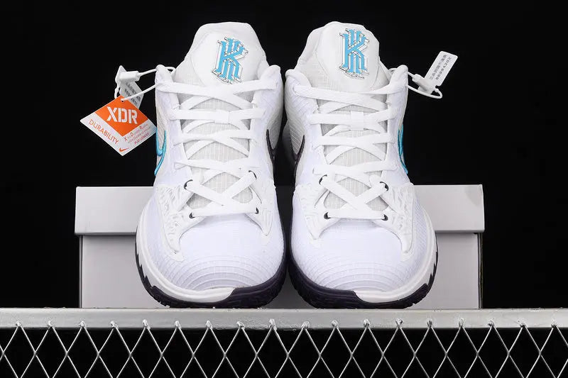 Nike Kyrie 4 Low White Laser Blue basketball shoes – low-top sneakers with crisp white and laser blue accents, Zoom Air cushioning, and court performance