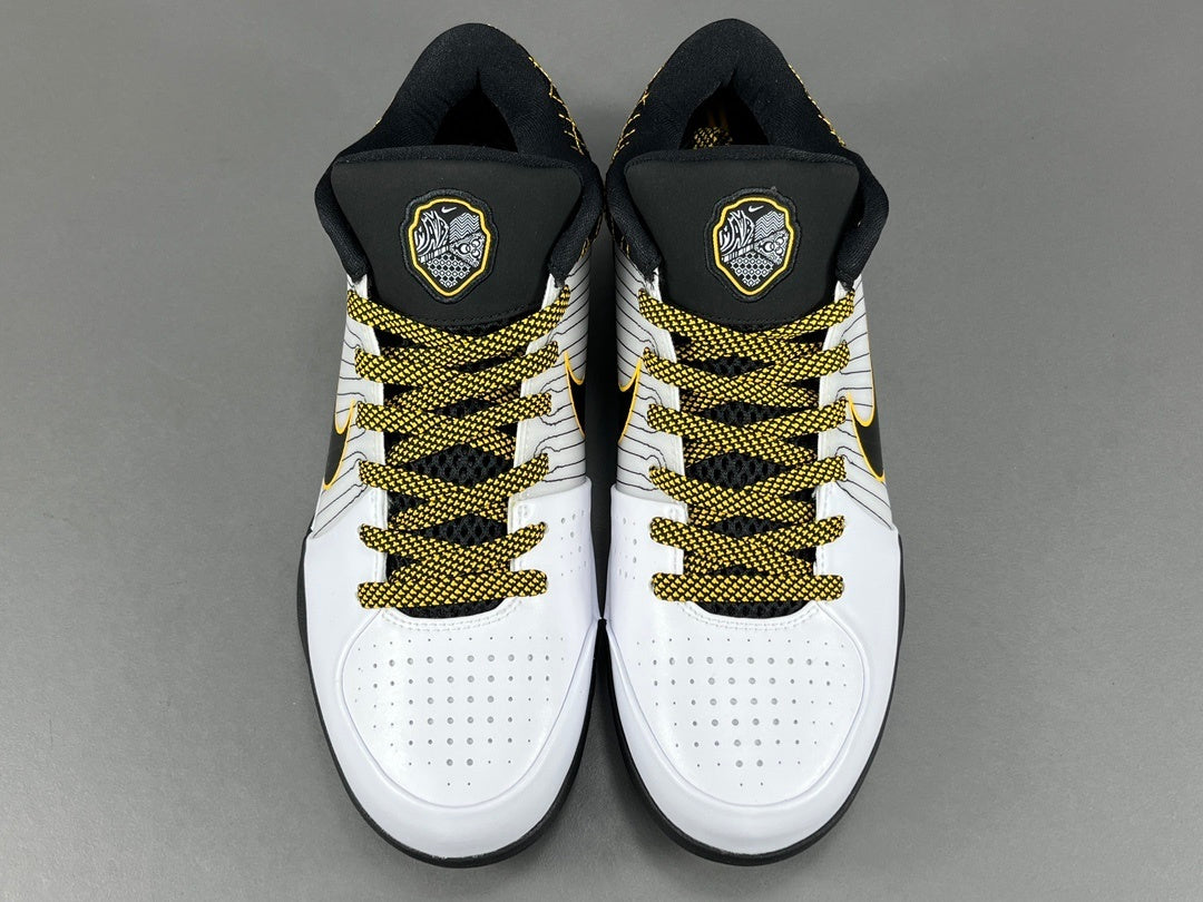 Nike Kobe 4 Protro White Black Del Sol basketball sneakers with accents
