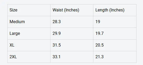 A size chart table showing waist and length measurements in inches for sizes Medium, Large, XL, and 2XL.