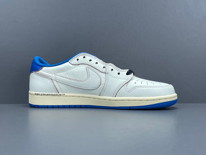 Air Jordan 1 Low OG x Travis Scott x Fragment with a white, black, and blue design, reverse Swoosh, and co-branded heel logos.