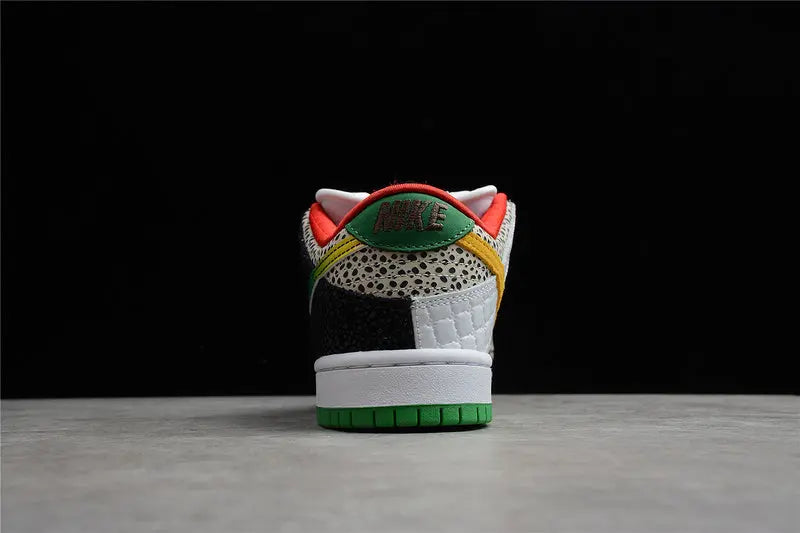 Nike SB Dunk Low What The Paul colorful patchwork upper with Nike Swoosh lateral view on white background