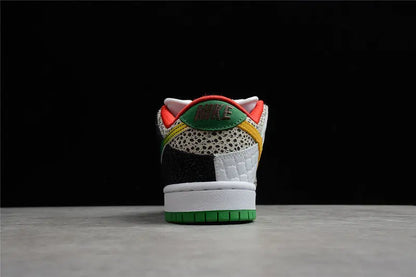 Nike SB Dunk Low What The Paul colorful patchwork upper with Nike Swoosh lateral view on white background
