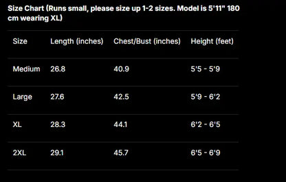 A size chart table on a black background showing measurements for Medium, Large, XL, and 2XL sizes, with columns for Length (inches), Chest/Bust (inches), and Height (feet).