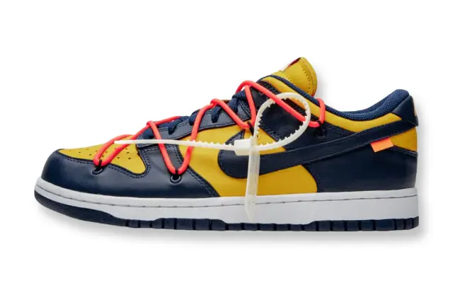 Nike Dunk Off White University Gold navy low top sneaker side view