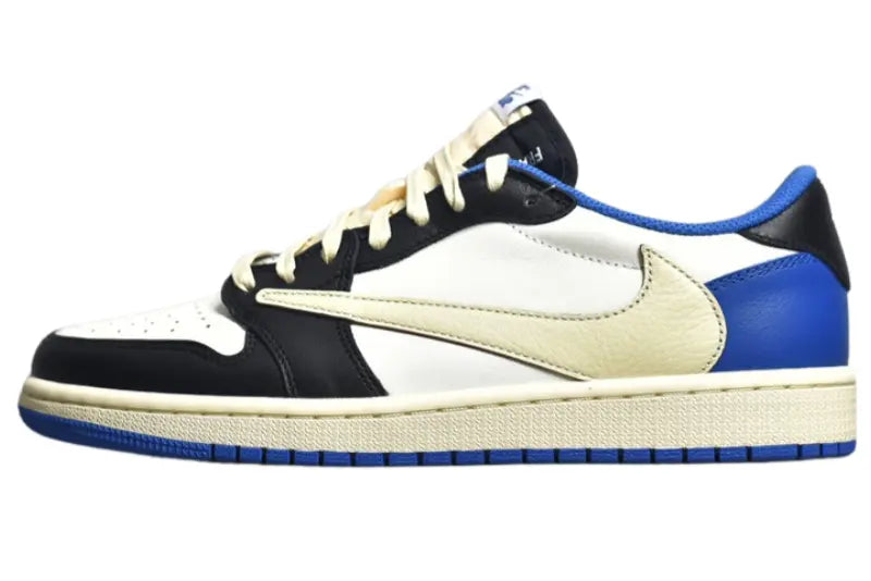 "Air Jordan 1 Low Travis Scott x Fragment – Iconic sneaker featuring a mix of white, blue, and black leather with Travis Scott’s signature reverse Swoosh and Fragment branding."

