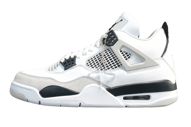 Air Jordan 4 Military Black sneakers with white leather and black accents, retro basketball shoes