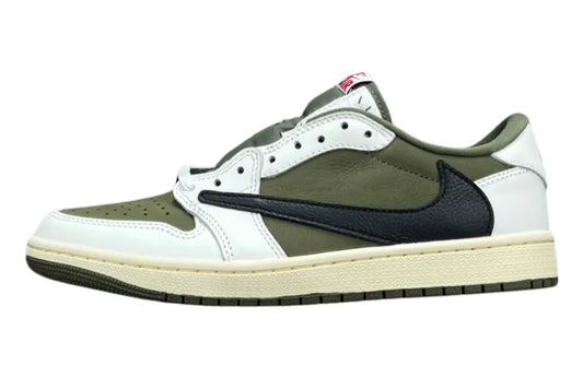 "Jordan 1 Low x Travis Scott Medium Olive sneakers with olive suede, black overlays, and reverse Swoosh."
